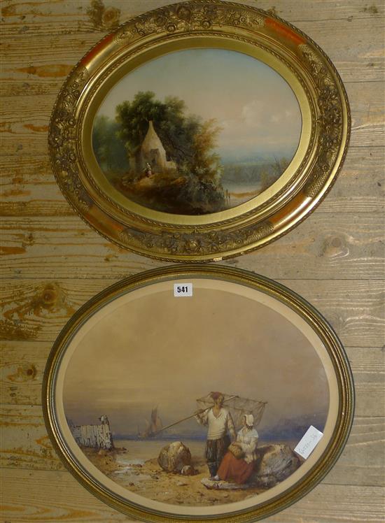 Oval watercolour, fisherman and wife, A.Penley